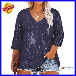 Plus Size Sequin 3/4 Sleeve V-Neck Blouse Tunic Cocktail Party Top